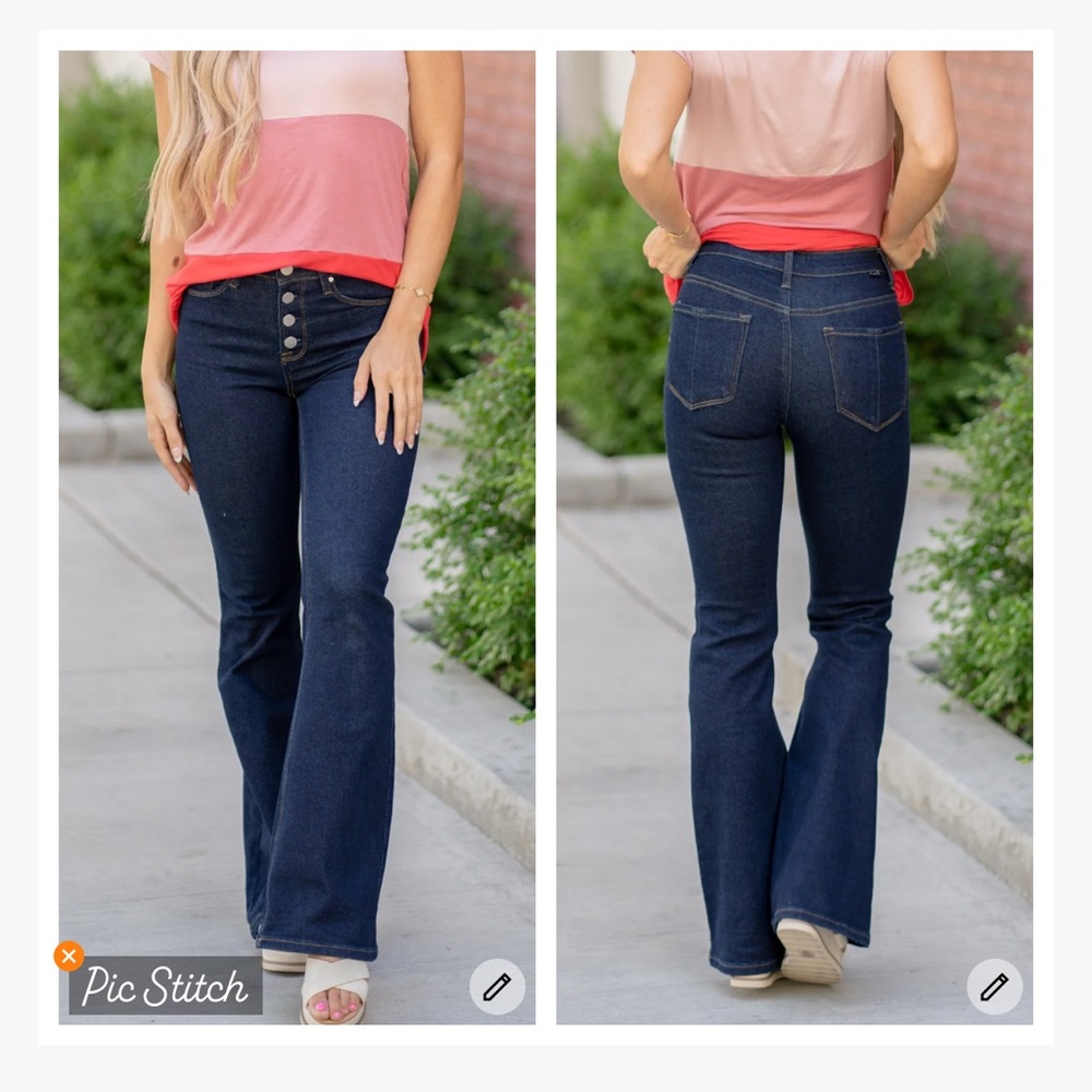 Risen One Button At A Time Mid Rise Flare Jeans Dark Wash